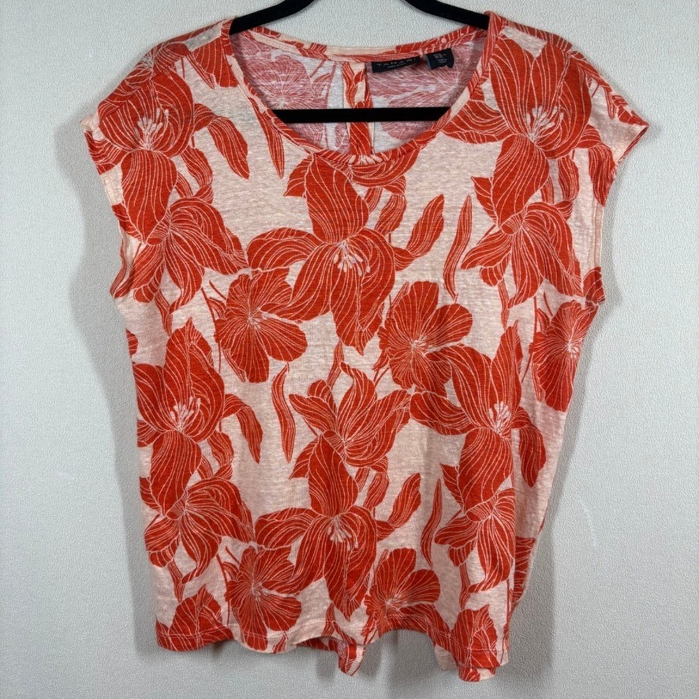 Tahari Womens Floral Linen Button Back Cap Sleeve Top XL Orange Beach Summer